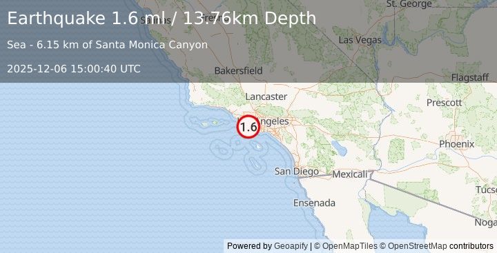 Earthquake 14 km S of Malibu Beach, CA (1.6 ml) (2025-12-06 15:00:40 UTC)