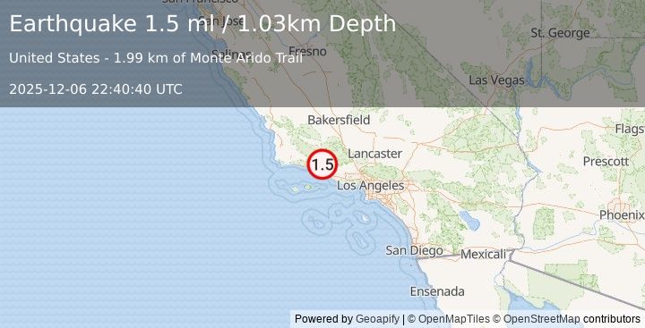 Earthquake 13 km NE of Carpinteria, CA (1.5 ml) (2025-12-06 22:40:40 UTC)