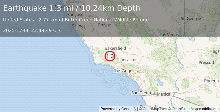Earthquake 16 km S of Maricopa, CA (1.3 ml) (2025-12-06 22:49:49 UTC)