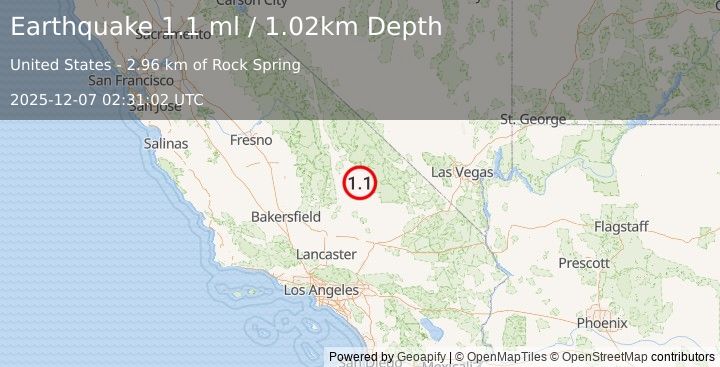 Earthquake 22 km N of Searles Valley, CA (1.1 ml) (2025-12-07 02:31:02 UTC)