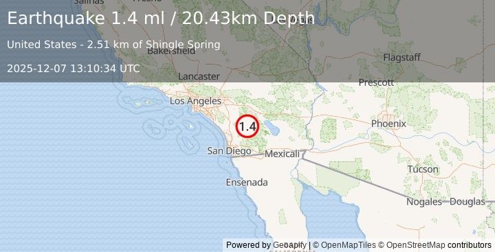 Earthquake 11 km NNE of Warner Springs, CA (1.4 ml) (2025-12-07 13:10:34 UTC)