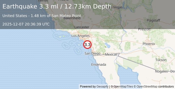 Earthquake 4 km S of San Clemente, CA (3.3 ml) (2025-12-07 20:36:39 UTC)