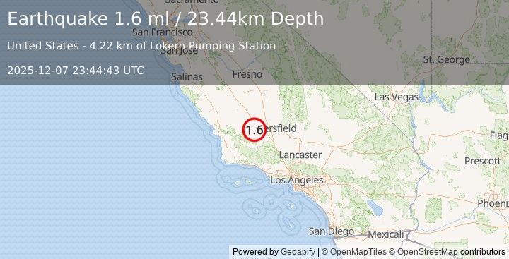 Earthquake 11 km SW of Buttonwillow, CA (1.6 ml) (2025-12-07 23:44:43 UTC)