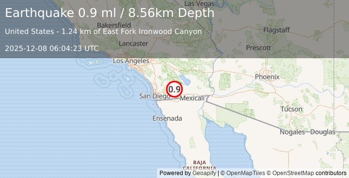 Earthquake 23 km SW of Ocotillo Wells, CA (0.9 ml) (2025-12-08 06:04:23 UTC)