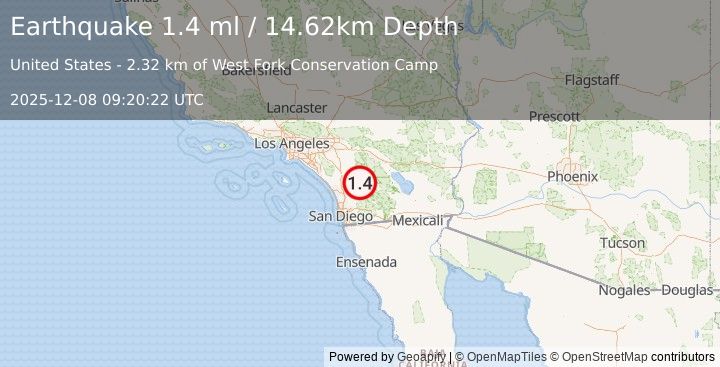 Earthquake 8 km NNE of Lake Henshaw, CA (1.4 ml) (2025-12-08 09:20:22 UTC)