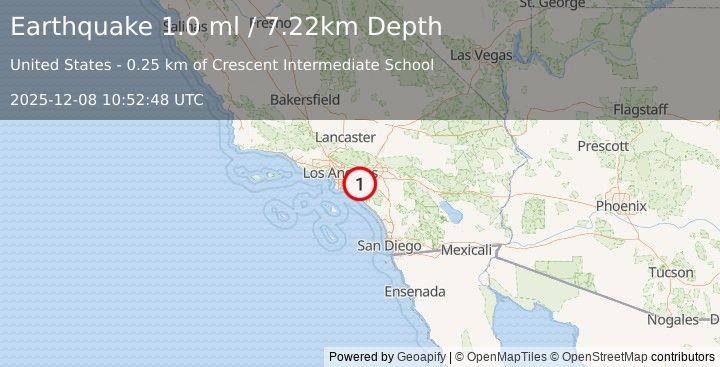 Earthquake 4 km S of Yorba Linda, CA (1.0 ml) (2025-12-08 10:52:48 UTC)
