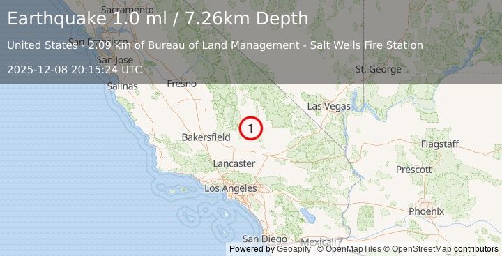 Earthquake 7 km ESE of Ridgecrest, CA (1.0 ml) (2025-12-08 20:15:24 UTC)
