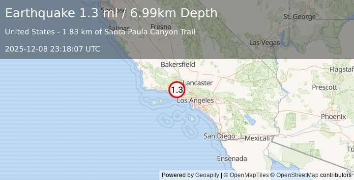 Earthquake 8 km N of Santa Paula, CA (1.3 ml) (2025-12-08 23:18:07 UTC)