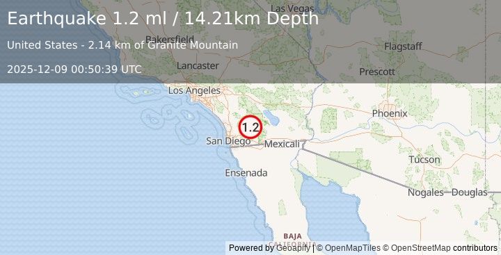 Earthquake 13 km E of Julian, CA (1.2 ml) (2025-12-09 00:50:39 UTC)