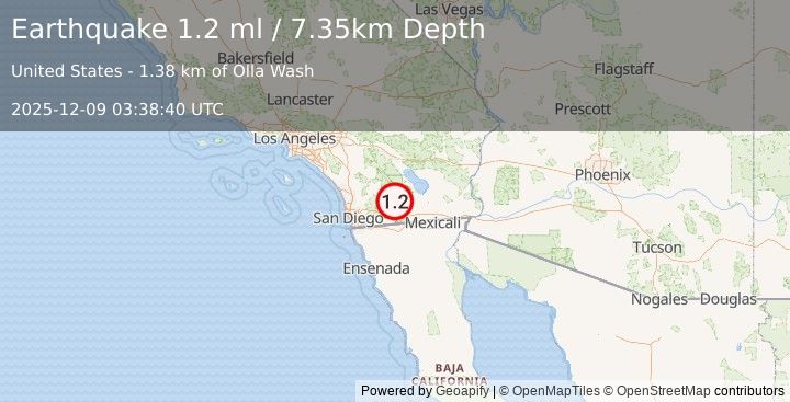 Earthquake 19 km SSW of Ocotillo Wells, CA (1.2 ml) (2025-12-09 03:38:40 UTC)