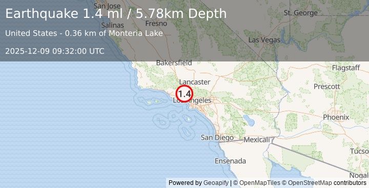 Earthquake 3 km ENE of Chatsworth, CA (1.4 ml) (2025-12-09 09:32:00 UTC)