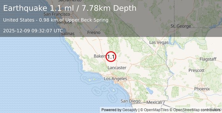 Earthquake 26 km NNW of Tehachapi, CA (1.1 ml) (2025-12-09 09:32:07 UTC)