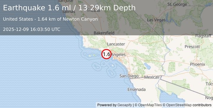 Earthquake 8 km SSW of Westlake Village, CA (1.6 ml) (2025-12-09 16:03:50 UTC)