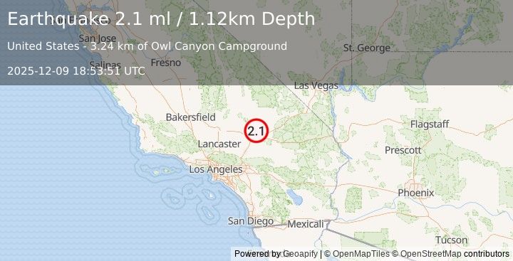 Earthquake 15 km NNE of Barstow, CA (2.1 ml) (2025-12-09 18:53:51 UTC)