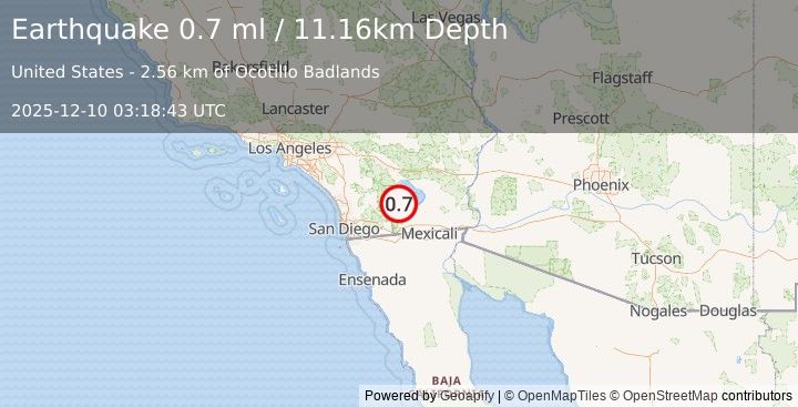 Earthquake 5 km ESE of Ocotillo Wells, CA (0.7 ml) (2025-12-10 03:18:43 UTC)