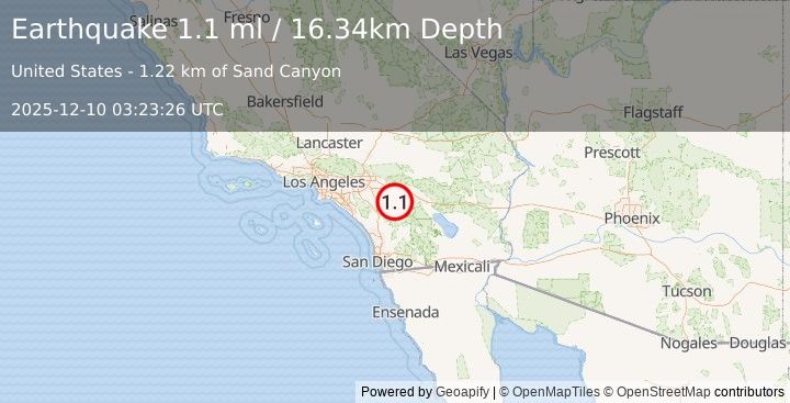 Earthquake 8 km ESE of Valle Vista, CA (1.1 ml) (2025-12-10 03:23:26 UTC)