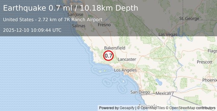 Earthquake 17 km SSW of Maricopa, CA (0.7 ml) (2025-12-10 10:09:44 UTC)