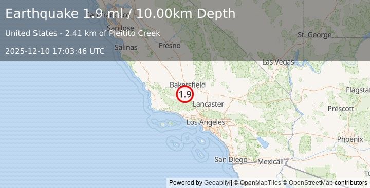 Earthquake 21 km WNW of Grapevine, CA (1.9 ml) (2025-12-10 17:03:46 UTC)