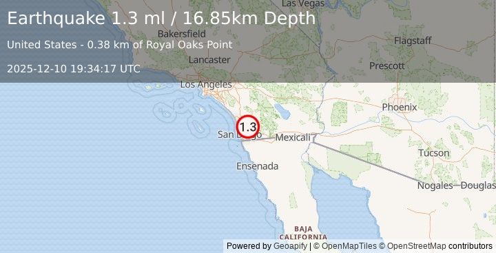 Earthquake 5 km NNW of Lakeside, CA (1.1 ml) (2025-12-10 19:34:18 UTC)