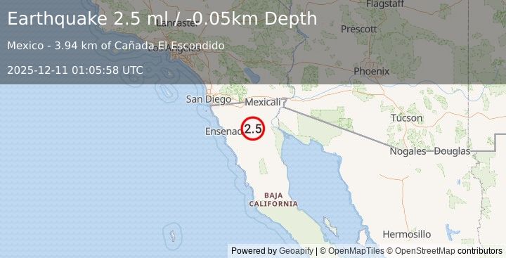 Earthquake 67 km WSW of Alberto Oviedo Mota, B.C., MX (2.5 ml) (2025-12-11 01:05:58 UTC)