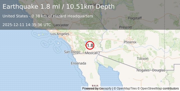 Earthquake 13 km WNW of Calipatria, CA (1.2 ml) (2025-12-11 14:35:37 UTC)
