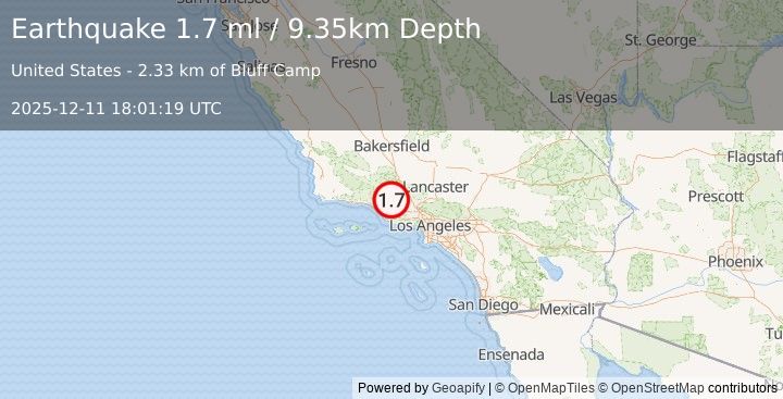 Earthquake 13 km NW of Fillmore, CA (1.7 ml) (2025-12-11 18:01:19 UTC)