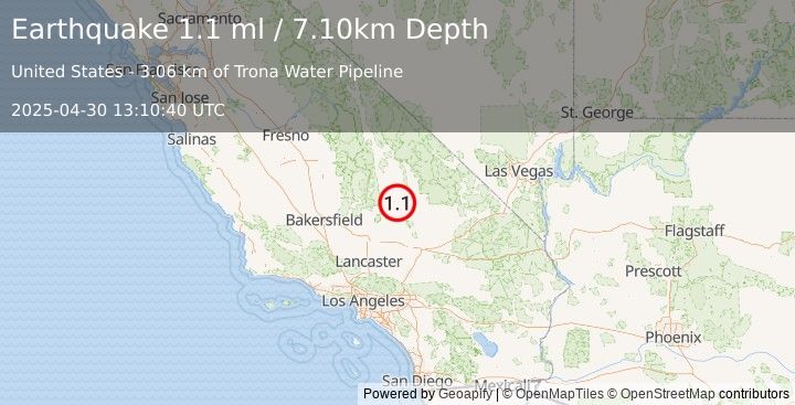 Earthquake 11 km ENE of Ridgecrest, CA (1.1 ml) (2025-04-30 13:10:40 UTC)