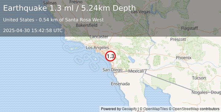 Earthquake 7 km SSW of Wildomar, CA (1.3 ml) (2025-04-30 15:42:58 UTC)