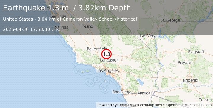 Earthquake 13 km W of Mojave, CA (1.3 ml) (2025-04-30 17:53:30 UTC)
