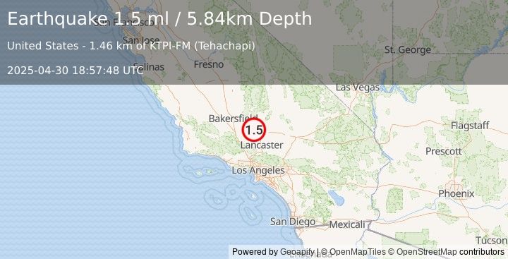 Earthquake 8 km SE of Tehachapi, CA (1.5 ml) (2025-04-30 18:57:48 UTC)