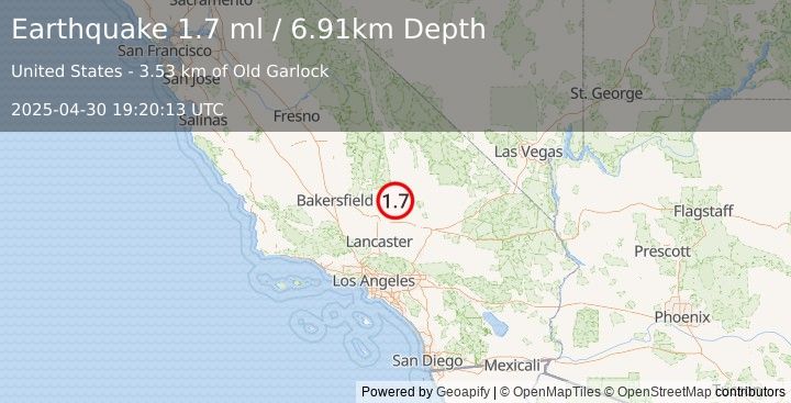 Earthquake 16 km W of Johannesburg, CA (1.7 ml) (2025-04-30 19:20:13 UTC)