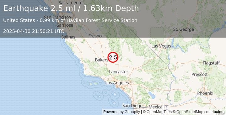Earthquake 10 km SSW of Bodfish, CA (2.5 ml) (2025-04-30 21:50:21 UTC)