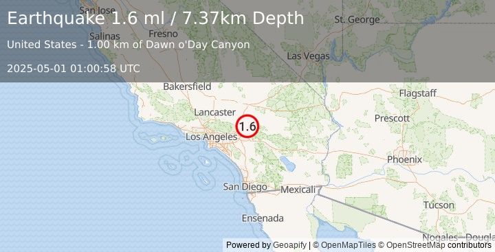 Earthquake 13 km NE of Lake Arrowhead, CA (1.6 ml) (2025-05-01 01:00:58 UTC)