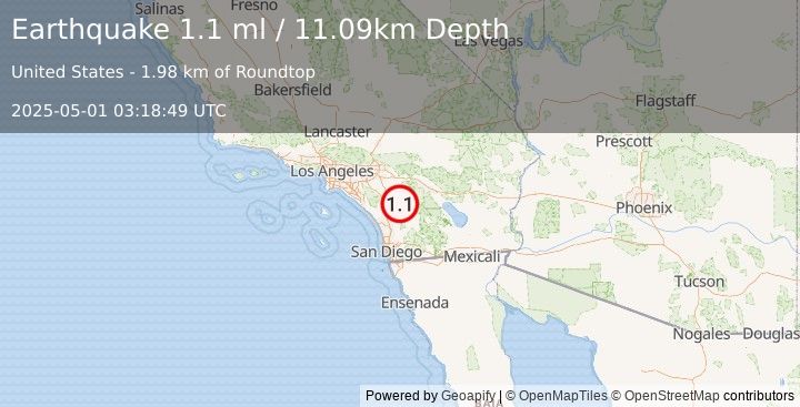 Earthquake 8 km NNW of Aguanga, CA (1.1 ml) (2025-05-01 03:18:49 UTC)