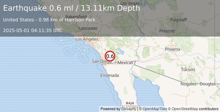 Earthquake 6 km SSE of Julian, CA (0.6 ml) (2025-05-01 04:11:35 UTC)