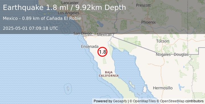 Earthquake 92 km SSW of Alberto Oviedo Mota, B.C., MX (1.8 ml) (2025-05-01 07:09:18 UTC)