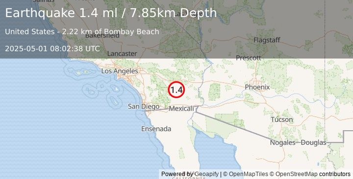 Earthquake 4 km E of Bombay Beach, CA (1.4 ml) (2025-05-01 08:02:38 UTC)