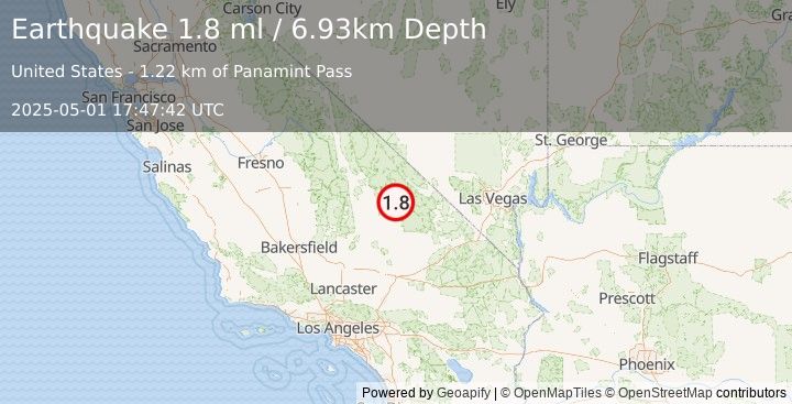 Earthquake 44 km SSW of Furnace Creek, CA (1.8 ml) (2025-05-01 17:47:42 UTC)