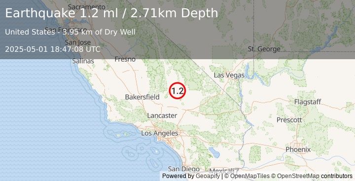 Earthquake 19 km SSW of Searles Valley, CA (1.2 ml) (2025-05-01 18:47:08 UTC)