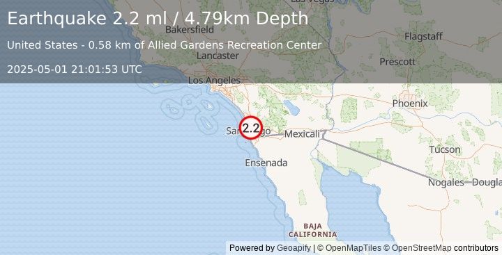 Earthquake 6 km ENE of San Diego, CA (2.2 ml) (2025-05-01 21:01:53 UTC)