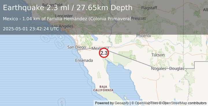 Earthquake 6 km NNE of Guadalupe Victoria, B.C., MX (2.3 ml) (2025-05-01 23:42:24 UTC)