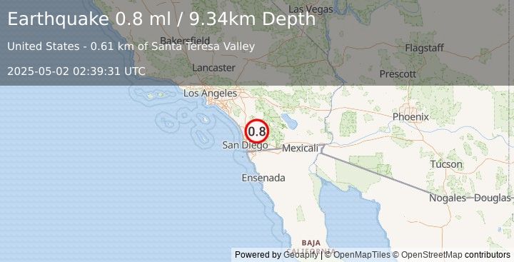 Earthquake 7 km ENE of Ramona, CA (0.8 ml) (2025-05-02 02:39:31 UTC)