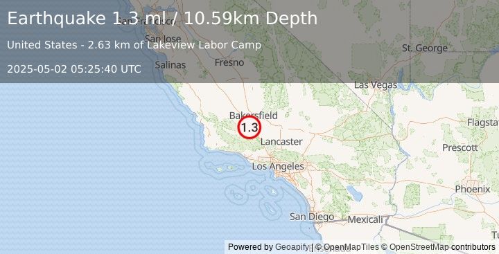 Earthquake 23 km E of Maricopa, CA (1.3 ml) (2025-05-02 05:25:39 UTC)
