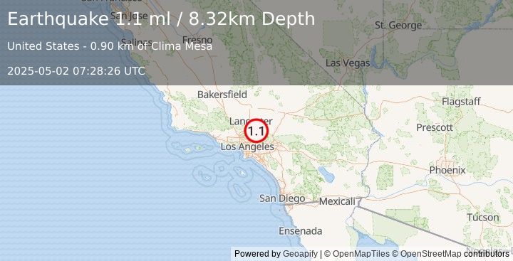 Earthquake 7 km SW of Pearblossom, CA (1.1 ml) (2025-05-02 07:28:26 UTC)
