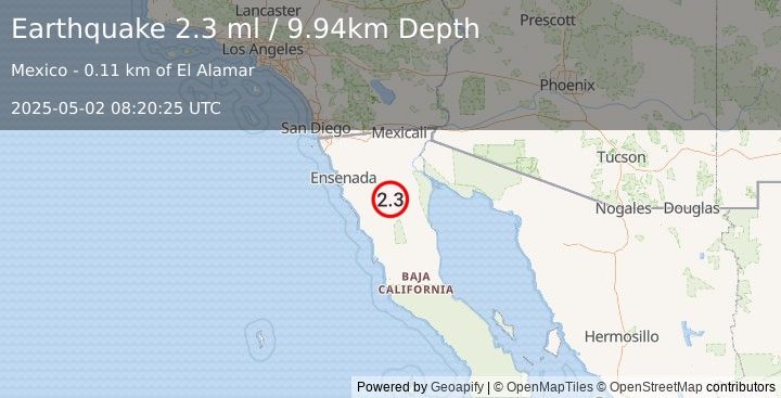 Earthquake 90 km ESE of Maneadero, B.C., MX (2.3 ml) (2025-05-02 08:20:25 UTC)
