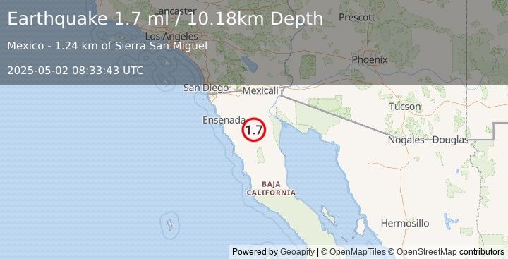 Earthquake 84 km SW of Alberto Oviedo Mota, B.C., MX (1.7 ml) (2025-05-02 08:33:43 UTC)
