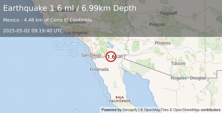 Earthquake 17 km WNW of Progreso, B.C., MX (1.6 ml) (2025-05-02 09:19:40 UTC)