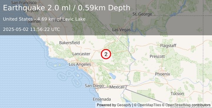 Earthquake 13 km WSW of Ludlow, CA (2.0 ml) (2025-05-02 11:56:22 UTC)