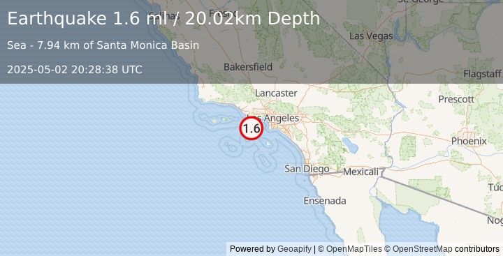 Earthquake 26 km SSW of Malibu, CA (1.6 ml) (2025-05-02 20:28:38 UTC)