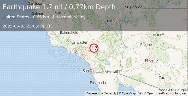 Earthquake 7 km N of Big Bear Lake, CA (1.7 ml) (2025-05-02 22:05:54 UTC)